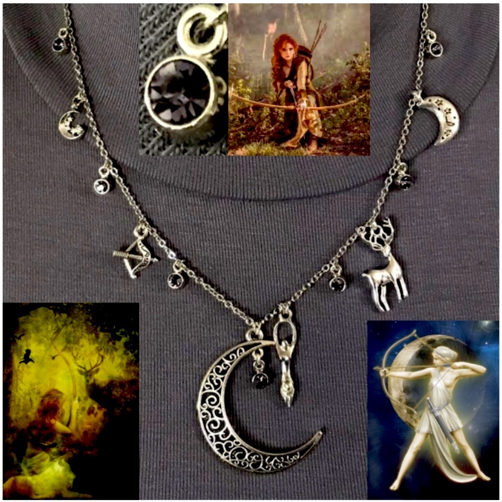 Artemis Diana Greek Roman Goddess of Moon & Hunt Handmade Necklace, Rhinestones